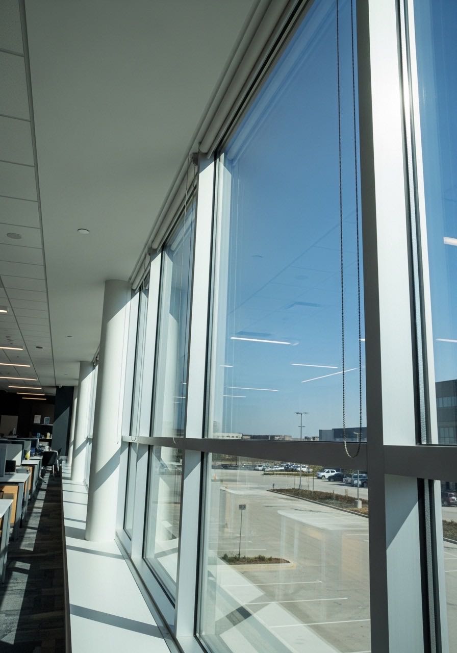 Sparkling clean commercial windows with sunlight streaming through